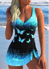 Rotita - Robe de bain une pièce à imprimé papillon cyan et cravate