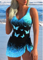 Cyan swimwear,Black swimwear,Animal Print swimwear,Dot swimwear,Ombre swimwear,ROTITA Tie Cyan Butterfly Print One Piece Swimdress