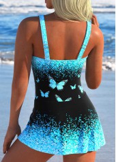 Cyan swimwear,Black swimwear,Animal Print swimwear,Dot swimwear,Ombre swimwear,ROTITA Tie Cyan Butterfly Print One Piece Swimdress