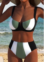 Sage Green swimwear,Black swimwear,Contrast Color swimwear,ROTITA Patchwork Sage Green Tie Bikini Set