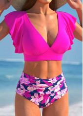Hot Pink swimwear,Floral swimwear,Plants swimwear,ROTITA Ruffle Hot Pink Floral Print Bikini Set