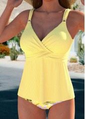 Light Yellow swimwear,Plants swimwear,ROTITA Surplice Light Yellow Tropical Plants Print Tankini Set