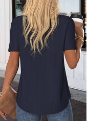 Navy tops,Plain Color tops,ROTITA Button Navy Split Neck Short Sleeve Blouse