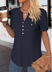 Navy tops,Plain Color tops,ROTITA Button Navy Split Neck Short Sleeve Blouse