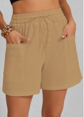 Light Camel bottoms,Plain Color bottoms,Pocket Light Camel Elastic Waist High Waisted Shorts