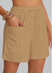 Light Camel bottoms,Plain Color bottoms,Pocket Light Camel Elastic Waist High Waisted Shorts