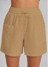 Light Camel bottoms,Plain Color bottoms,Pocket Light Camel Elastic Waist High Waisted Shorts