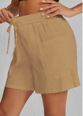 Light Camel bottoms,Plain Color bottoms,Pocket Light Camel Elastic Waist High Waisted Shorts