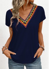 Patchwork Tribal Print Navy V Neck T Shirt