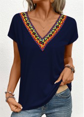 Navy tops,Tribal tops,Patchwork Tribal Print Navy V Neck T Shirt