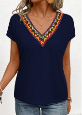 Navy tops,Tribal tops,Patchwork Tribal Print Navy V Neck T Shirt