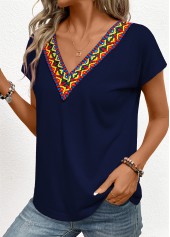 Navy tops,Tribal tops,Patchwork Tribal Print Navy V Neck T Shirt