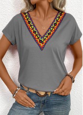 Dark Grey tops,Tribal tops,Patchwork Tribal Print Grey V Neck T Shirt
