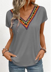 Patchwork Tribal Print Grey V Neck T Shirt