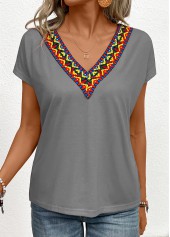 Dark Grey tops,Tribal tops,Patchwork Tribal Print Grey V Neck T Shirt