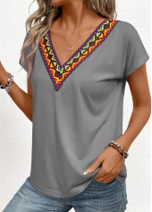 Dark Grey tops,Tribal tops,Patchwork Tribal Print Grey V Neck T Shirt