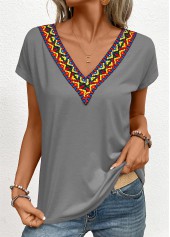 Dark Grey tops,Tribal tops,Patchwork Tribal Print Grey V Neck T Shirt