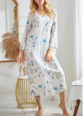 Blue loungewear,White loungewear,Ditsy Floral loungewear,Floral loungewear,Plants loungewear,Ditsy Floral Print Blue V Neck Long Sleeve Nightdress