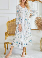 Blue loungewear,White loungewear,Ditsy Floral loungewear,Floral loungewear,Plants loungewear,Ditsy Floral Print Blue V Neck Long Sleeve Nightdress