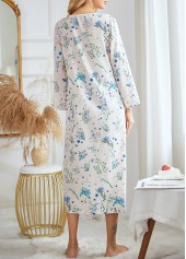Blue loungewear,White loungewear,Ditsy Floral loungewear,Floral loungewear,Plants loungewear,Ditsy Floral Print Blue V Neck Long Sleeve Nightdress
