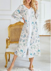 Blue loungewear,White loungewear,Ditsy Floral loungewear,Floral loungewear,Plants loungewear,Ditsy Floral Print Blue V Neck Long Sleeve Nightdress
