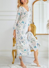Blue loungewear,White loungewear,Ditsy Floral loungewear,Floral loungewear,Plants loungewear,Ditsy Floral Print Blue V Neck Long Sleeve Nightdress