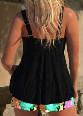 Black swimwear,Floral swimwear,Plants swimwear,ROTITA Surplice Black Floral Print Tankini Set