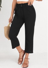 Black bottoms,Plain Color bottoms,Button Black Elastic Waist High Waisted Pants