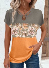 Oranges Kurzarm-T-Shirt mit Blumendruck „Rotita“ und kreisförmigem Ring