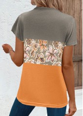 Orange tops,Floral tops,Plants tops,Contrast Color tops,ROTITA Circular Ring Floral Print Orange Short Sleeve T Shirt