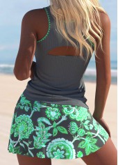 Dark Grey plus size,Floral plus size,Plants plus size,ROTITA Plus Size Cut Out Floral Print Tankini Set