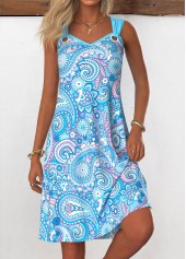 Light Blue dresses,Paisley dresses,Everyday dresses,Casual dresses,ROTITA Tummy Coverage Paisley Print Light Blue V Neck Dress