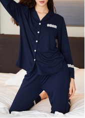 Navy loungewear,Contrast Color loungewear,Navy V Neck Long Sleeve Lounge Top and Pants