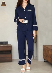 Navy loungewear,Contrast Color loungewear,Navy V Neck Long Sleeve Lounge Top and Pants