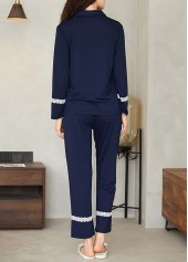 Navy loungewear,Contrast Color loungewear,Navy V Neck Long Sleeve Lounge Top and Pants
