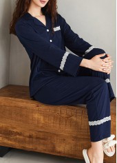 Navy loungewear,Contrast Color loungewear,Navy V Neck Long Sleeve Lounge Top and Pants