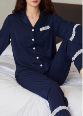 Navy loungewear,Contrast Color loungewear,Navy V Neck Long Sleeve Lounge Top and Pants