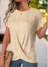 Light Camel tops,Plain Color tops,ROTITA Surplice Light Camel Round Neck Short Sleeve T Shirt