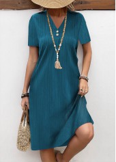 ROTITA Button Turquoise A Line V Neck Short Sleeve Dress