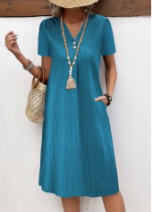 Turquoise dresses,Plain Color dresses,Everyday dresses,Casual dresses,ROTITA Button Turquoise A Line V Neck Short Sleeve Dress