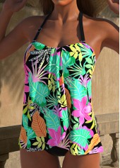 Black swimwear,Floral swimwear,Plants swimwear,ROTITA Cross Hem Black Floral Print Tankini Set