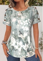 ROTITA Button Floral Print Sage Green Round Neck T Shirt