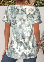 Sage Green tops,Floral tops,Plants tops,ROTITA Button Floral Print Sage Green Round Neck T Shirt