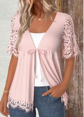 Light Pink tops,Plain Color tops,ROTITA Lace Bowknot Short Sleeve Light Cardigan