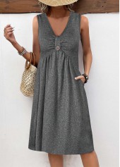Dark Grey Marl dresses,Plain Color dresses,Everyday dresses,Casual dresses,ROTITA Button Dark Grey Marl A Line V Neck Dress