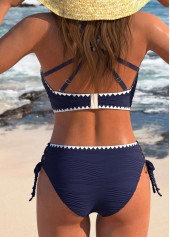 Navy swimwear,Plain Color swimwear,ROTITA Contrast Binding Lace Up Navy Bikini Set