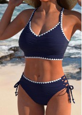 Navy swimwear,Plain Color swimwear,ROTITA Contrast Binding Lace Up Navy Bikini Set