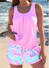 Pink swimwear,Plants swimwear,ROTITA Bowknot Pink Tropical Plants Print Tankini Set