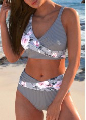Grey swimwear,Floral swimwear,Plants swimwear,ROTITA Asymmetry Grey Floral Print Bikini Set