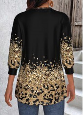 Black tops,Leopard tops,ROTITA Patchwork Leopard Black Round Neck 3/4 Sleeve Light Cardigan